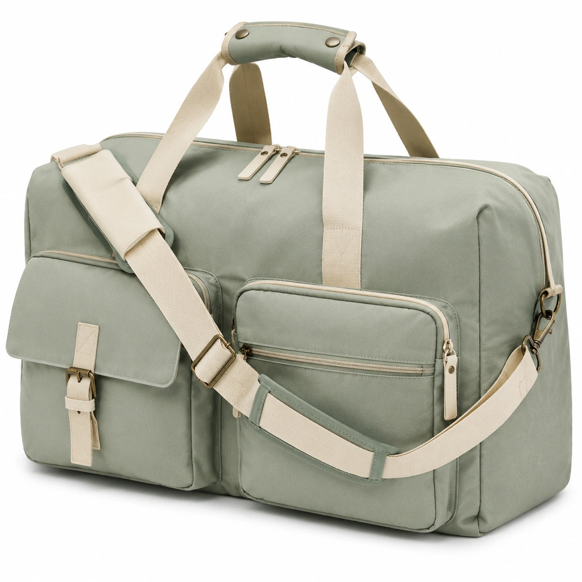 Bolsa de viaje 50 x 25 x 30 cm de tejido sintético verde salvia con bolsillos y correa ajustable