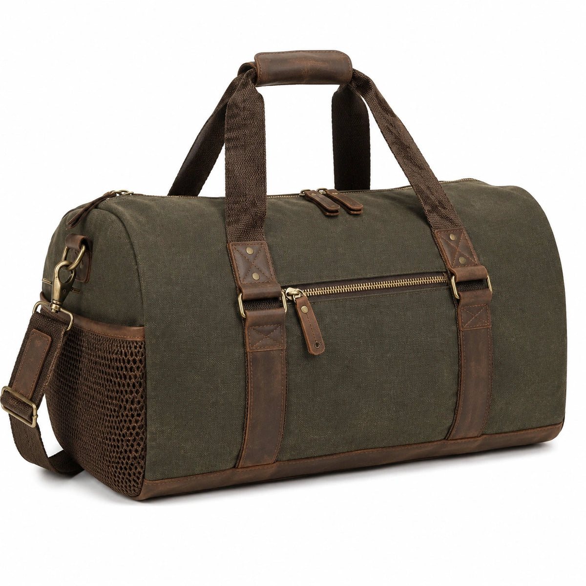 Bolsa de viaje 50 cm de lona verde con detalles marrones estilo vintage
