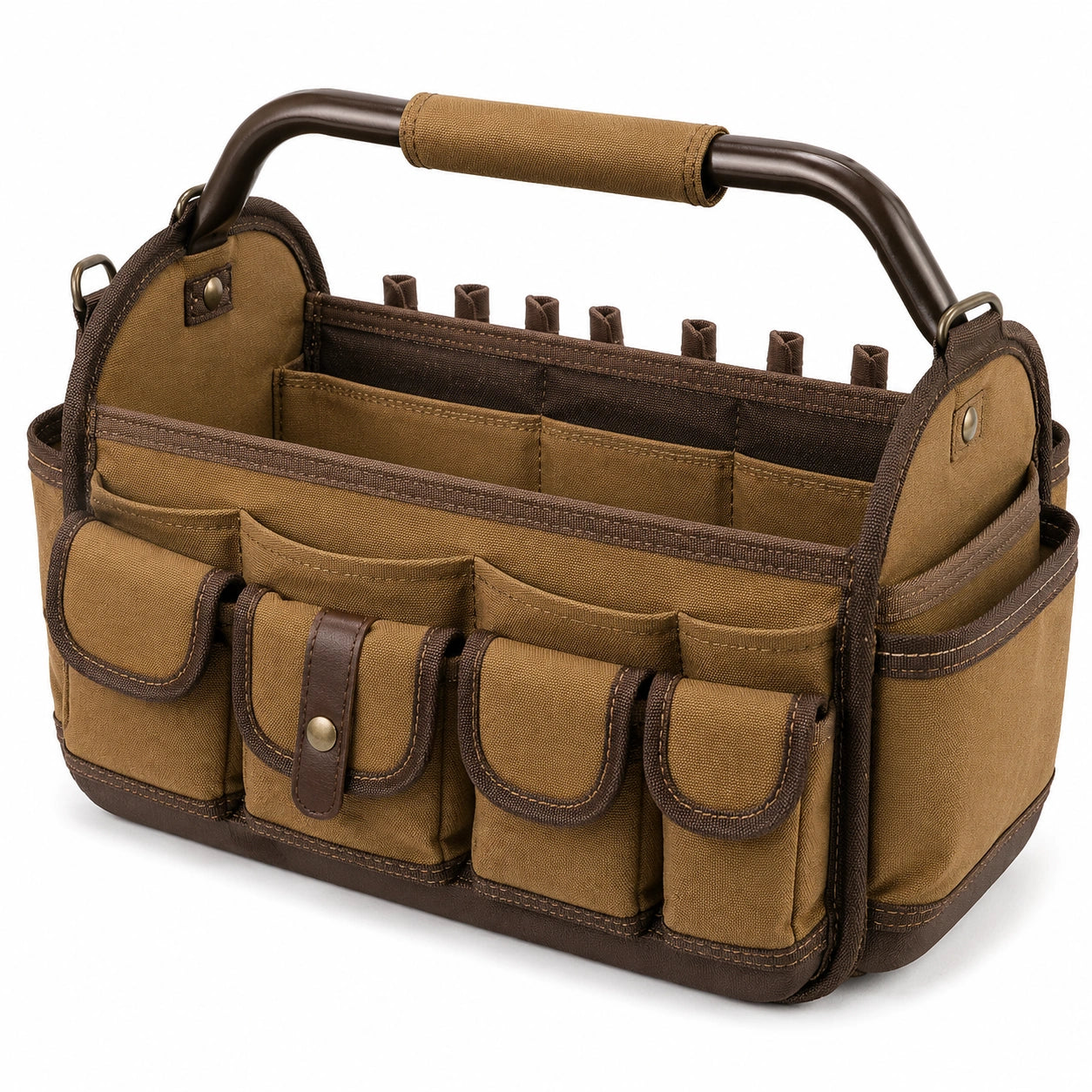 Bolsa organizadora de herramientas 35 x 18 x 25 cm de tejido marrón con asa metálica y bolsillos