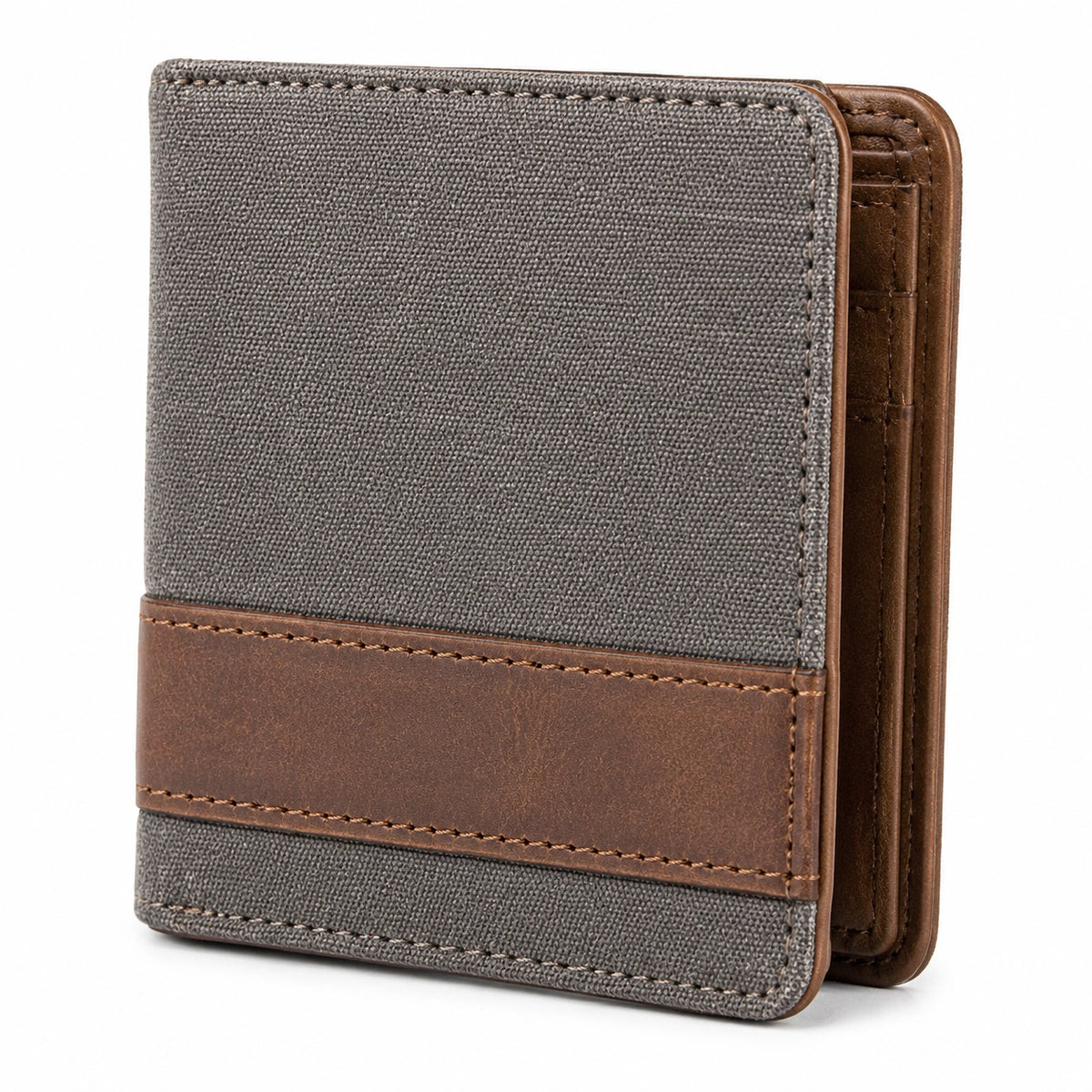 Cartera plegable 12 x 9 cm de tejido gris y material sintético marrón compacta