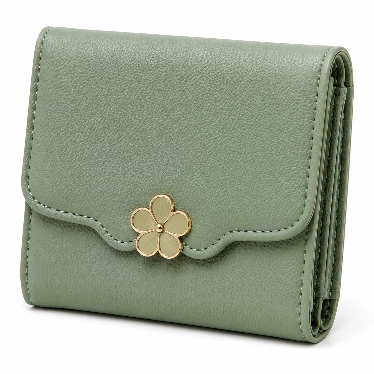 Cartera 12 x 10 x 3 cm de piel sintética verde salvia con cierre a presión y diseño floral