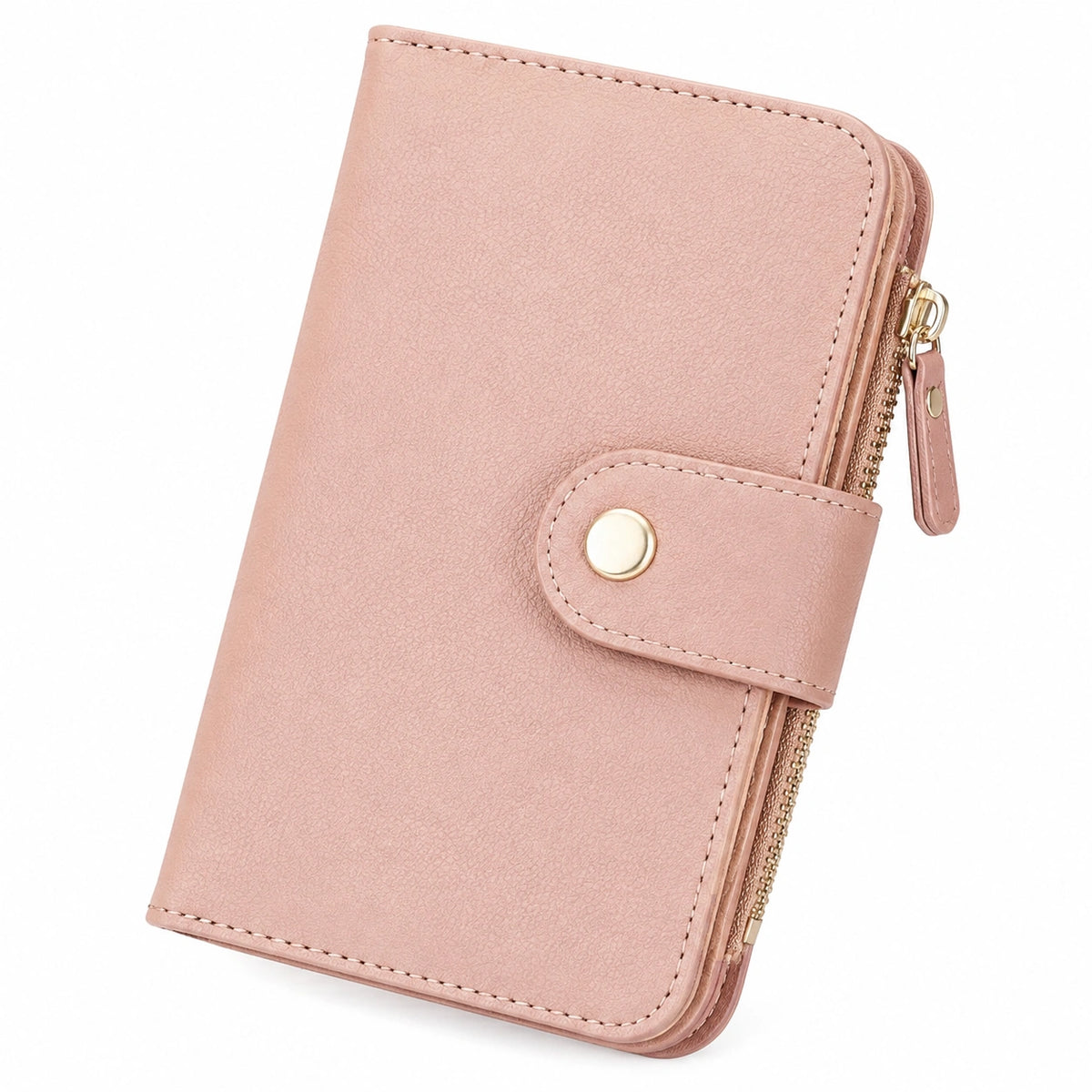 Cartera 19 x 10 x 3 cm de material sintético rosa con cremallera y cierre de botón para tarjetas y monedas