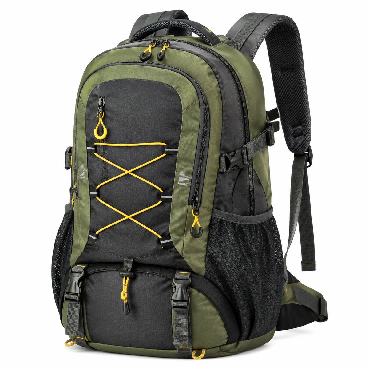 Mochila de senderismo 35 x 22 x 55 cm verde y negra con compartimentos y cordones elásticos