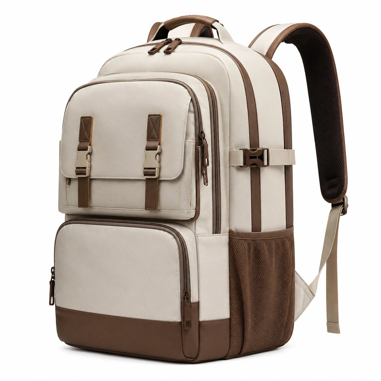 Mochila urbana 45 x 30 x 18 cm de tejido sintético crema y marrón con compartimentos y cremalleras