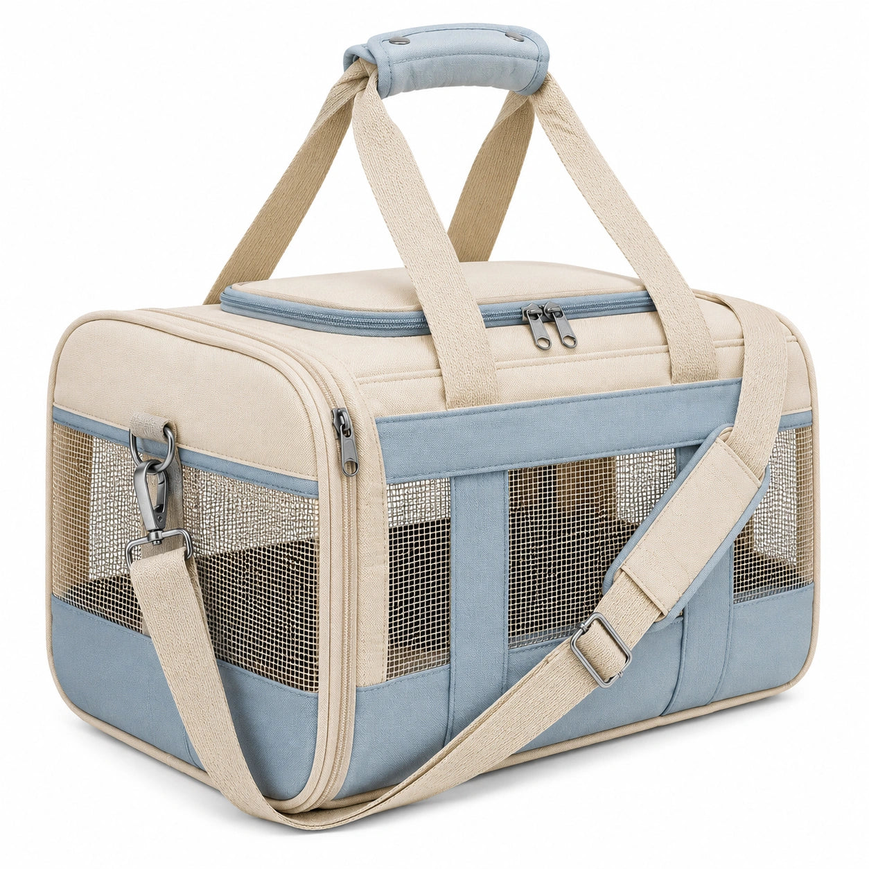 Bolsa transportín para mascotas 45 x 28 x 30 cm de tejido y malla beige/azul con correa ajustable