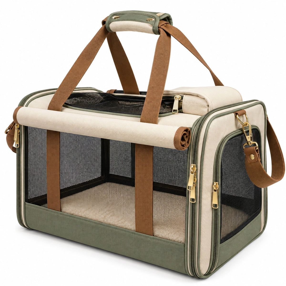 Transportín para mascotas 50 x 30 x 32 cm de tejido y malla beige verde con asas y bandolera plegable