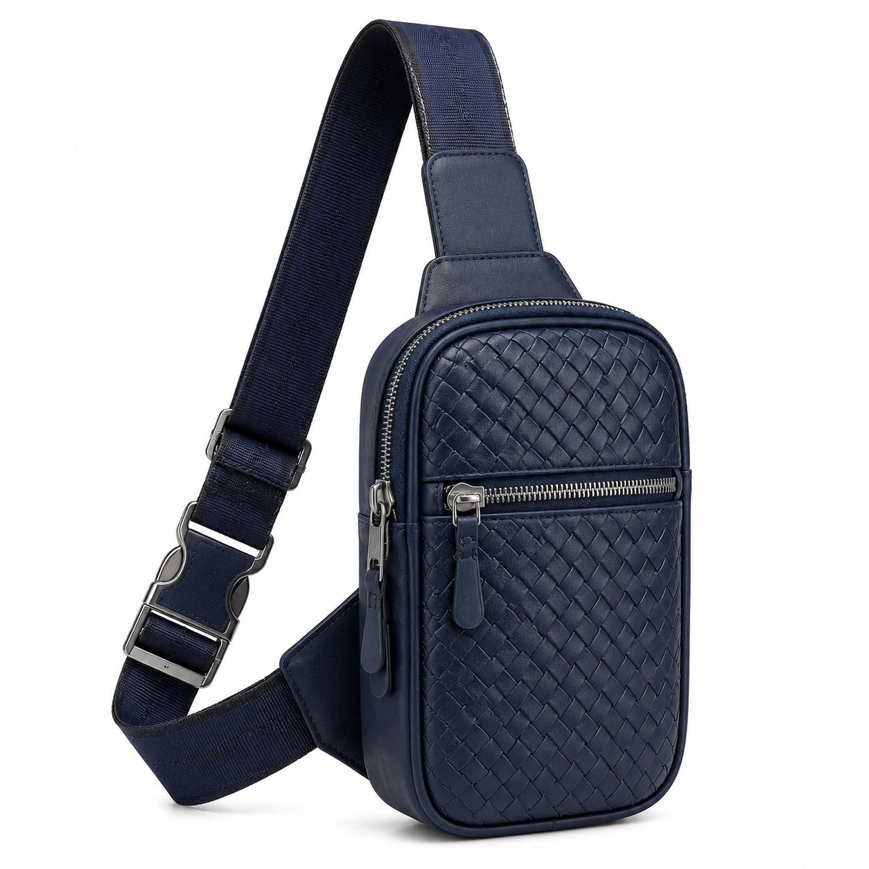 Bolso bandolera 30 x 18 x 8 cm de piel sintética azul marino con tejido trenzado y bolsillos con cremallera