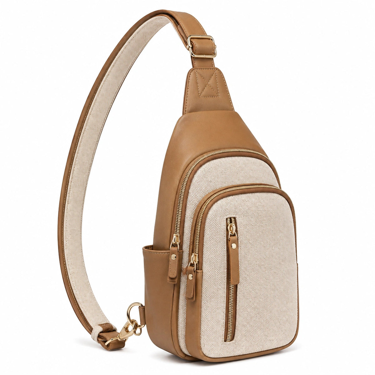 Mochila bandolera 18 x 8 x 30 cm de piel sintética y tejido beige y marrón con correa ajustable