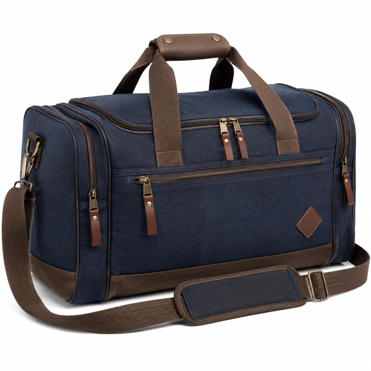 Bolsa de viaje 50 x 25 x 30 cm de lona azul marino con detalles marrones y correa ajustable