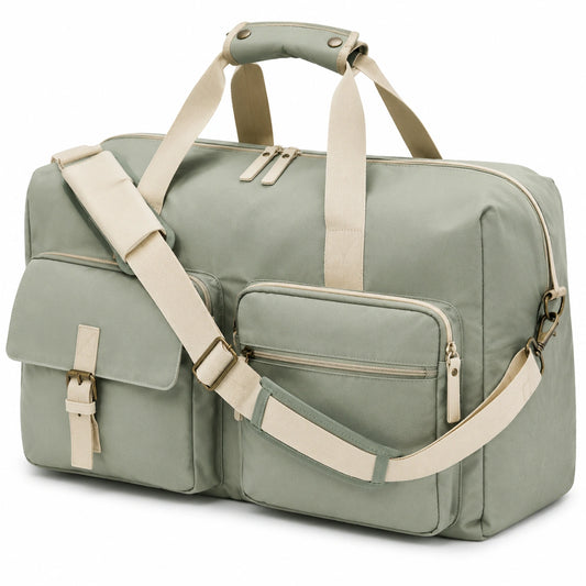 Bolsa de viaje 50 x 25 x 30 cm de tejido sintético verde salvia con bolsillos y correa ajustable
