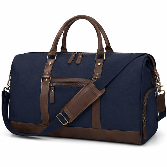 Bolsa de viaje 55 x 28 x 30 cm de tejido azul marino con detalles marrones y correa ajustable