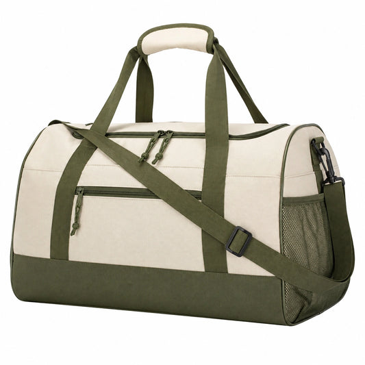 Bolsa de viaje 50 x 25 x 28 cm de tejido sintético beige y verde con correa ajustable