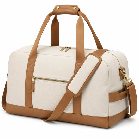 Bolsa de viaje 50 x 25 x 30 cm de tejido beige y detalles marrones con correa ajustable