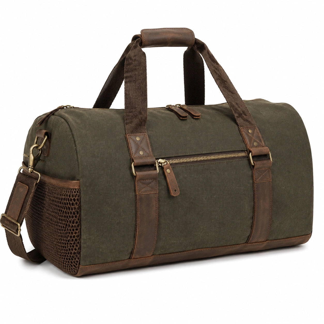 Bolsa de viaje 50 cm de lona verde con detalles marrones estilo vintage