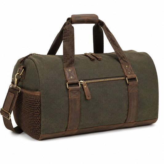Bolsa de viaje 50 cm de lona verde con detalles marrones estilo vintage