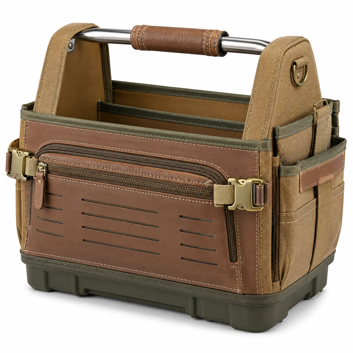 Bolsa organizadora rectangular 38 x 22 x 28 cm de lona marrón para herramientas y accesorios con compartimentos