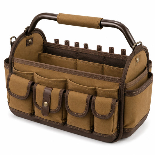 Bolsa organizadora de herramientas 35 x 18 x 25 cm de tejido marrón con asa metálica y bolsillos