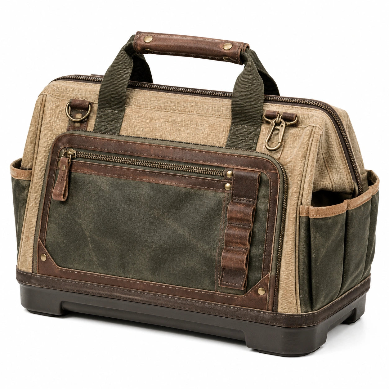 Bolsa de herramientas 45 x 25 x 30 cm de lona beige y verde con bolsillos y asas reforzadas