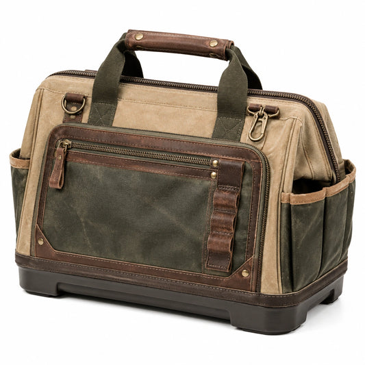 Bolsa de herramientas 45 x 25 x 30 cm de lona beige y verde con bolsillos y asas reforzadas