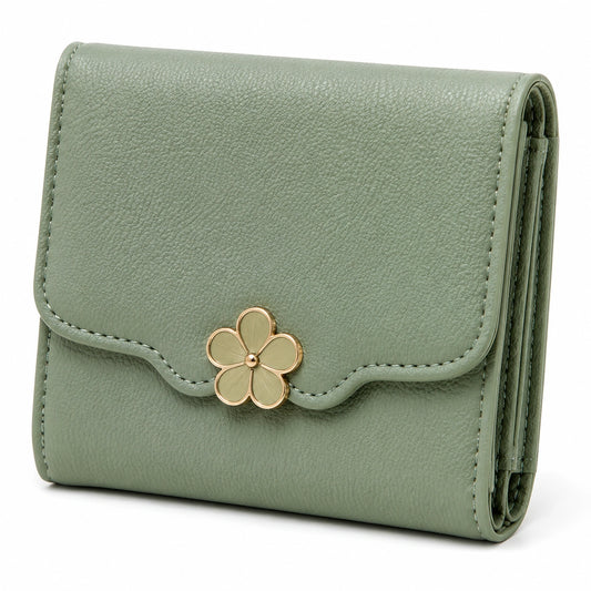 Cartera 12 x 10 x 3 cm de piel sintética verde salvia con cierre a presión y diseño floral