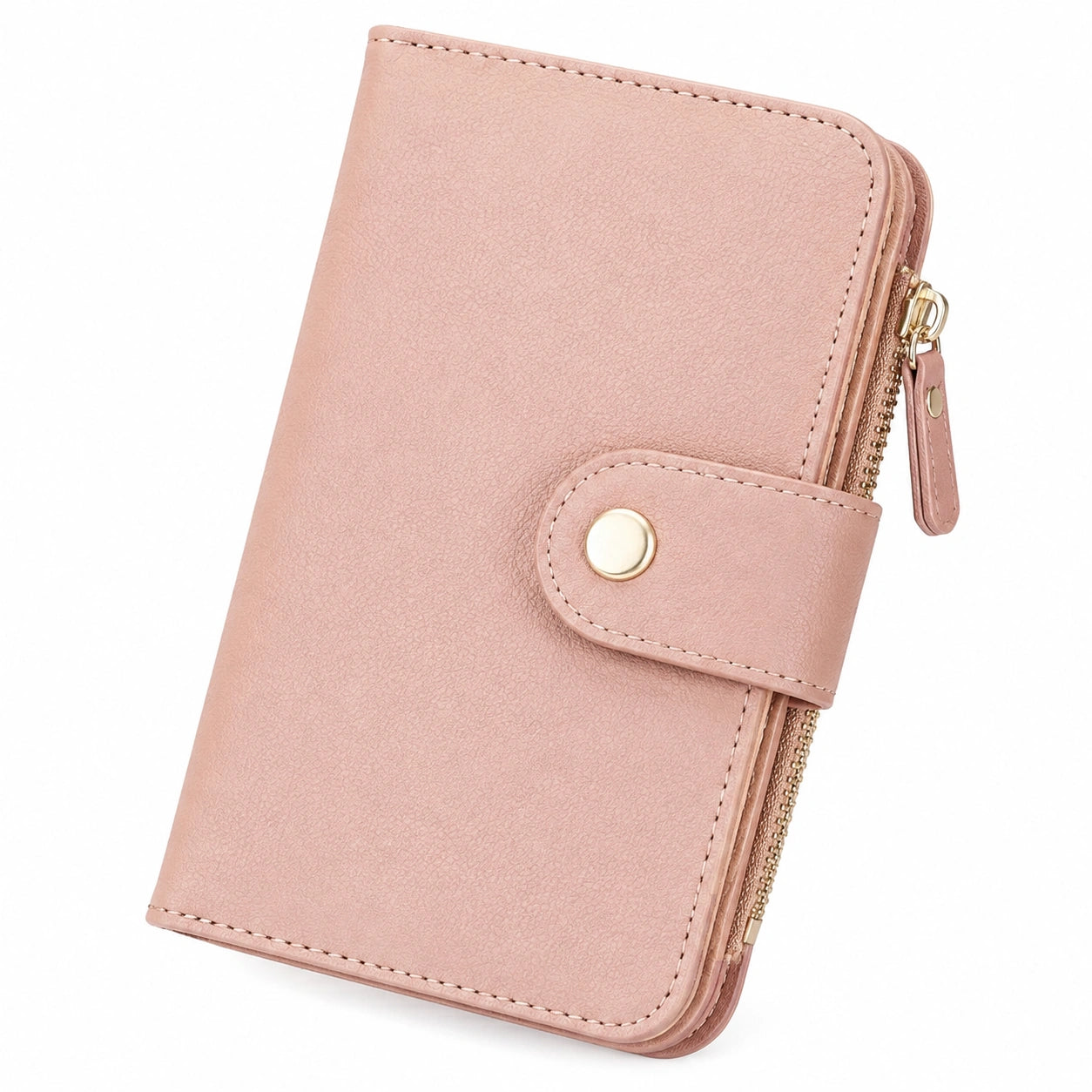 Cartera 19 x 10 x 3 cm de material sintético rosa con cremallera y cierre de botón para tarjetas y monedas