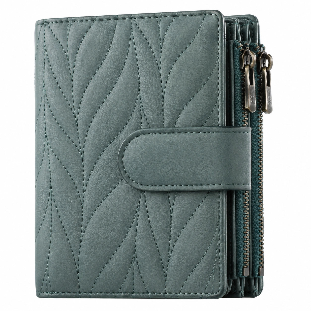 Cartera de mujer 19 x 10 x 3 cm de piel sintética verde grisáceo con cremallera y diseño acolchado
