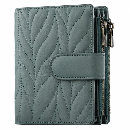 Cartera de mujer 19 x 10 x 3 cm de piel sintética verde grisáceo con cremallera y diseño acolchado