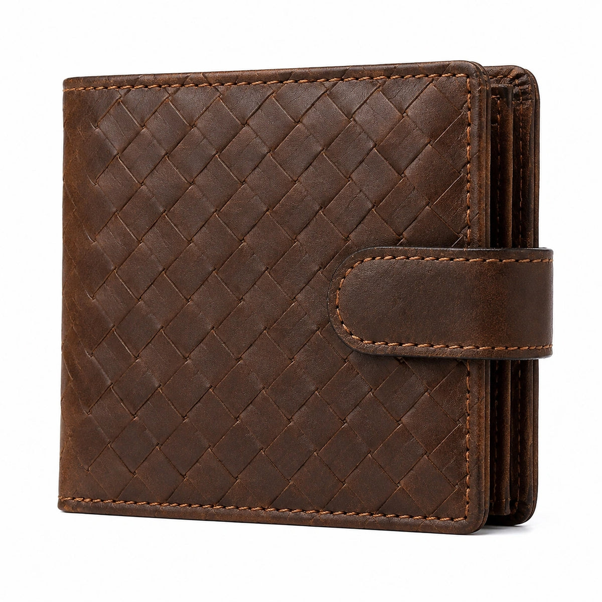 Cartera 12 x 10 x 2 cm de cuero marrón trenzado con cierre de lengüeta