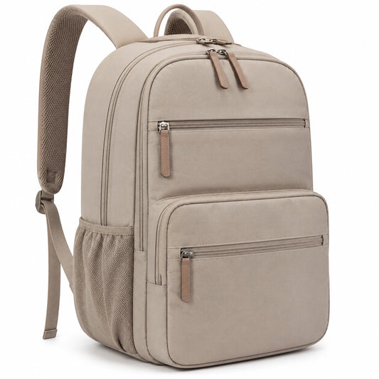 Mochila 45 x 30 x 15 cm de tejido sintético beige con múltiples compartimentos para uso diario