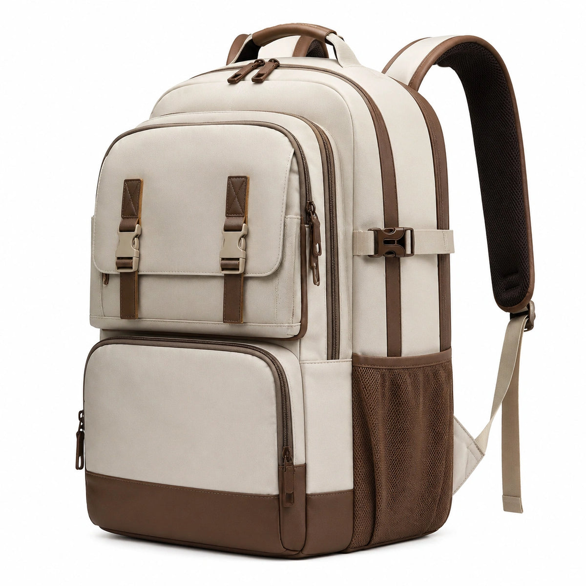 Mochila urbana 45 x 30 x 18 cm de tejido sintético crema y marrón con compartimentos y cremalleras