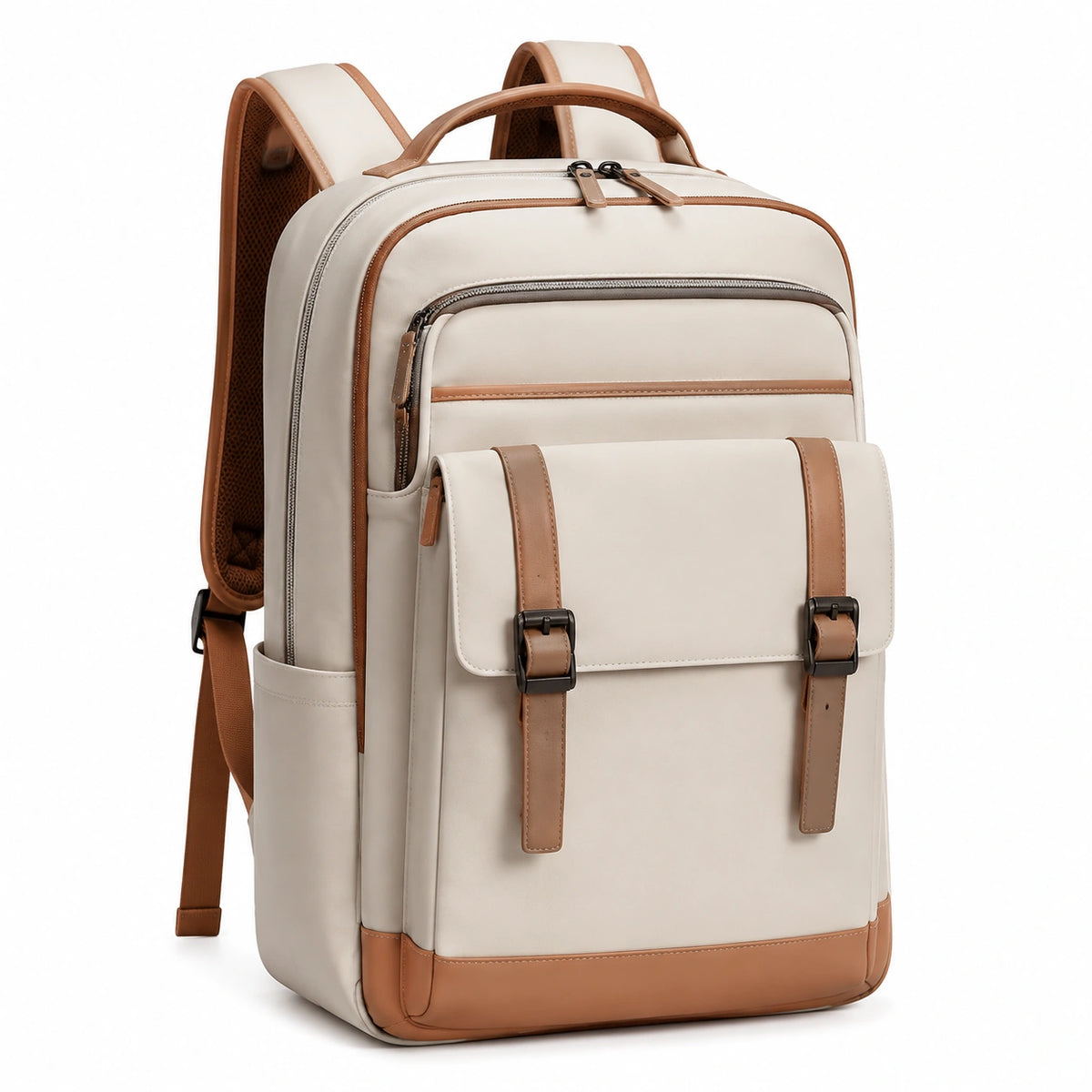 Mochila 32 x 14 x 42 cm de poliuretano beige y marrón con compartimentos y cierre de cremallera