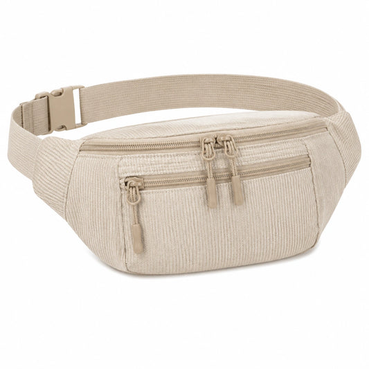 Riñonera compacta de tejido beige con bolsillos y correa ajustable
