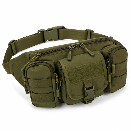 Riñonera táctica 35 x 15 x 18 cm de poliéster verde oliva con bolsillos múltiples