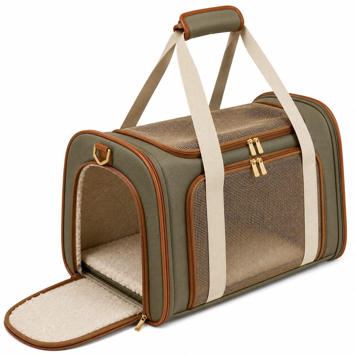 Bolsa transportín para mascotas 45 x 28 x 30 cm de tejido verde con malla y base acolchada