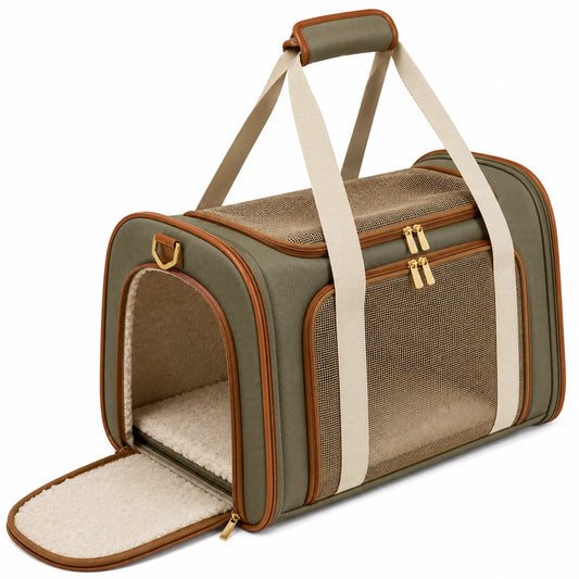 Bolsa transportín para mascotas 45 x 28 x 30 cm de tejido verde con malla y base acolchada