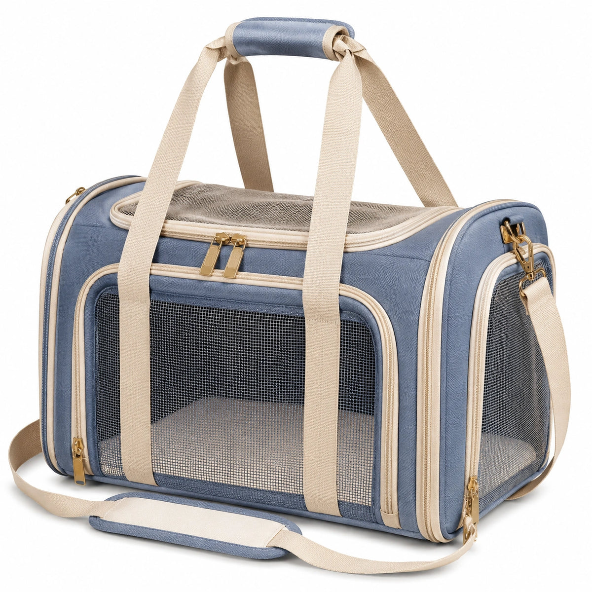 Transportín para mascotas 45 x 28 x 30 cm de tela azul con malla ventilada y correa de hombro
