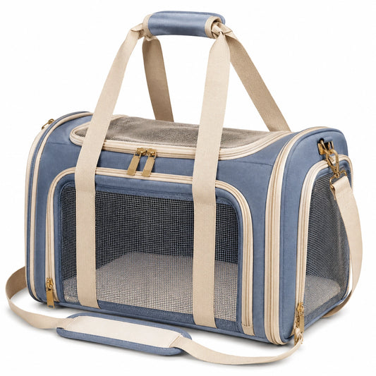 Transportín para mascotas 45 x 28 x 30 cm de tela azul con malla ventilada y correa de hombro