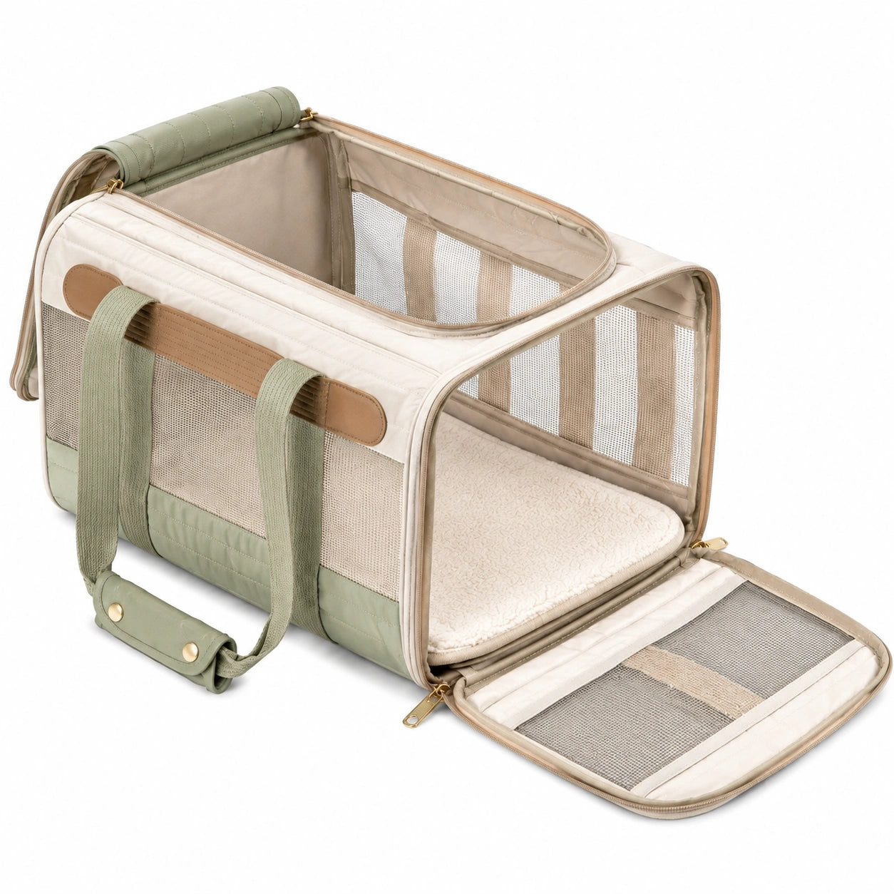 Transportín para mascotas 45 x 28 x 30 cm de poliéster beige y verde con malla plegable