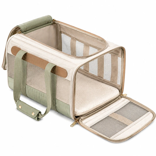 Transportín para mascotas 45 x 28 x 30 cm de poliéster beige y verde con malla plegable