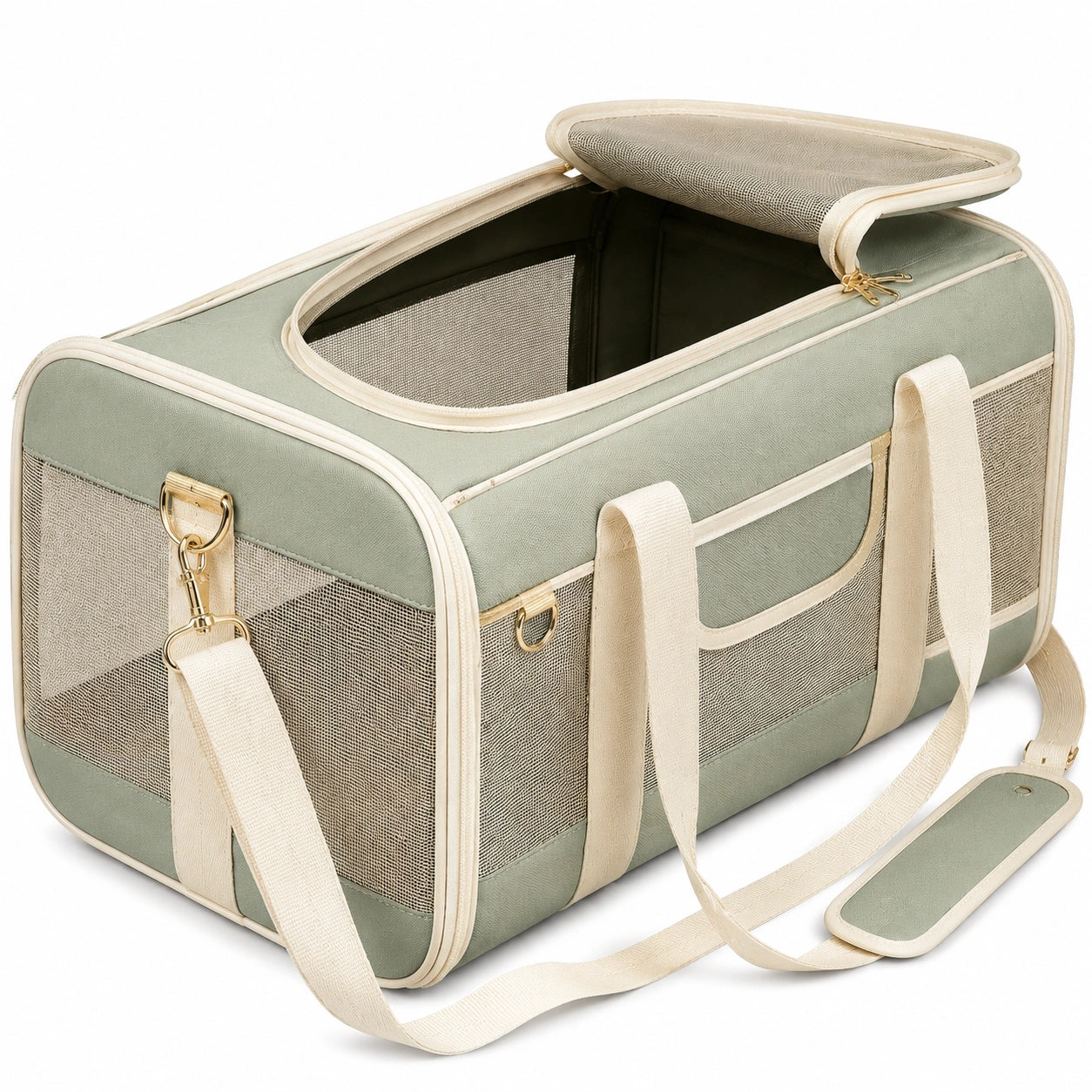 Transportín para mascotas 45 x 28 x 28 cm de tejido verde con malla transpirable y correa ajustable