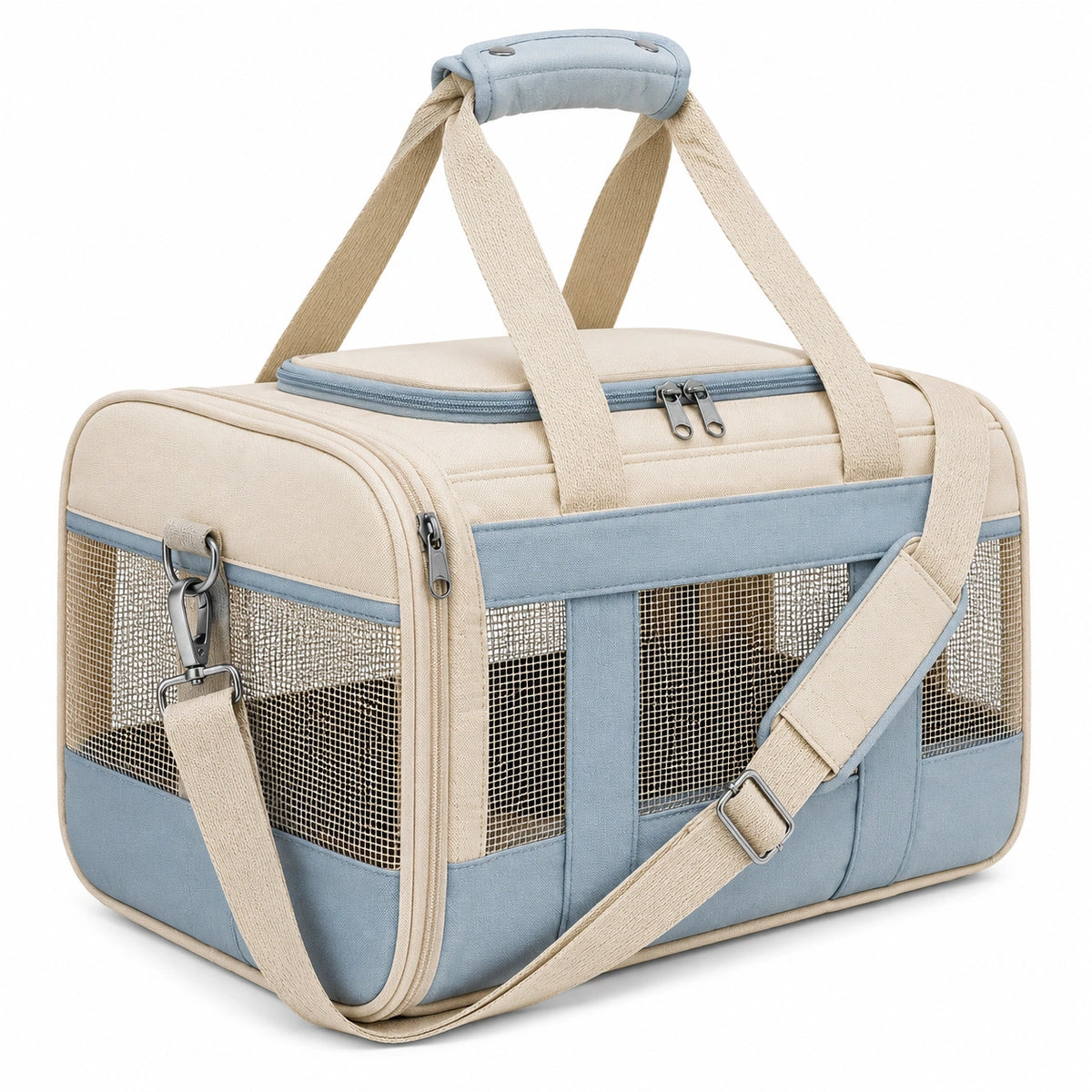 Bolsa transportín para mascotas 45 x 28 x 30 cm de tejido y malla beige/azul con correa ajustable