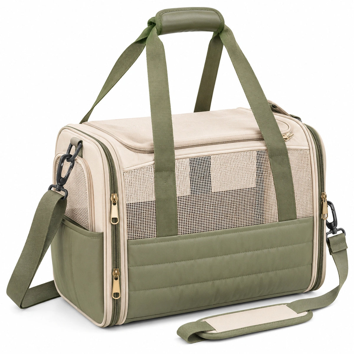 Bolsa transportín para mascotas 45 x 25 x 30 cm de tejido beige y verde con paneles de malla y correa ajustable