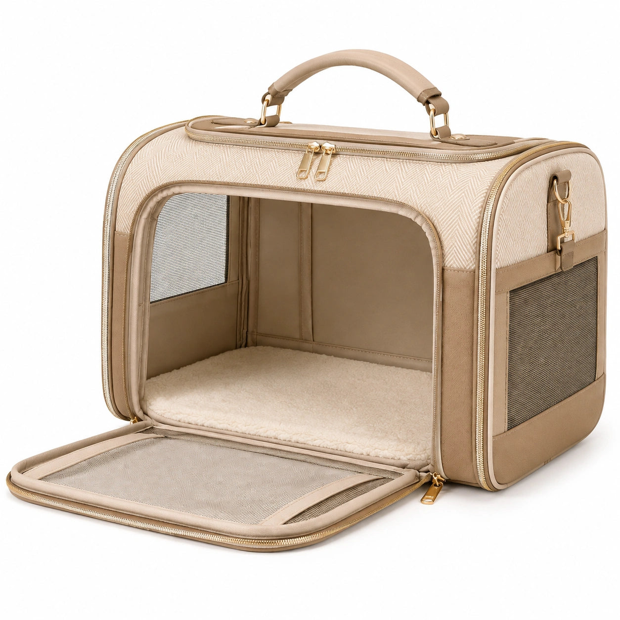 Transportín para mascotas 45 x 28 x 30 cm de tejido sintético beige con malla plegable