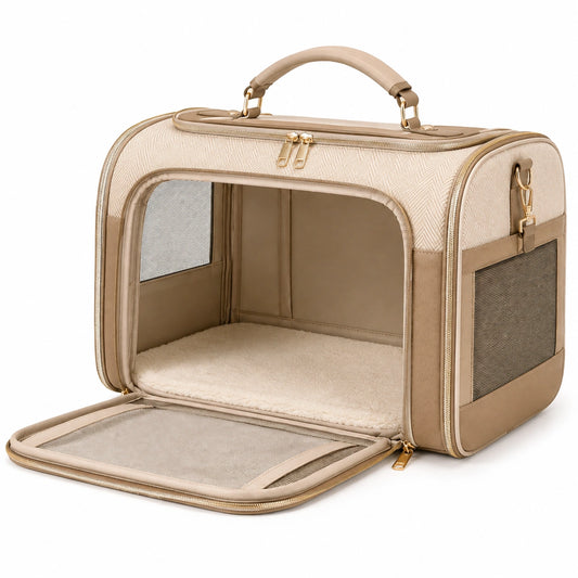 Transportín para mascotas 45 x 28 x 30 cm de tejido sintético beige con malla plegable